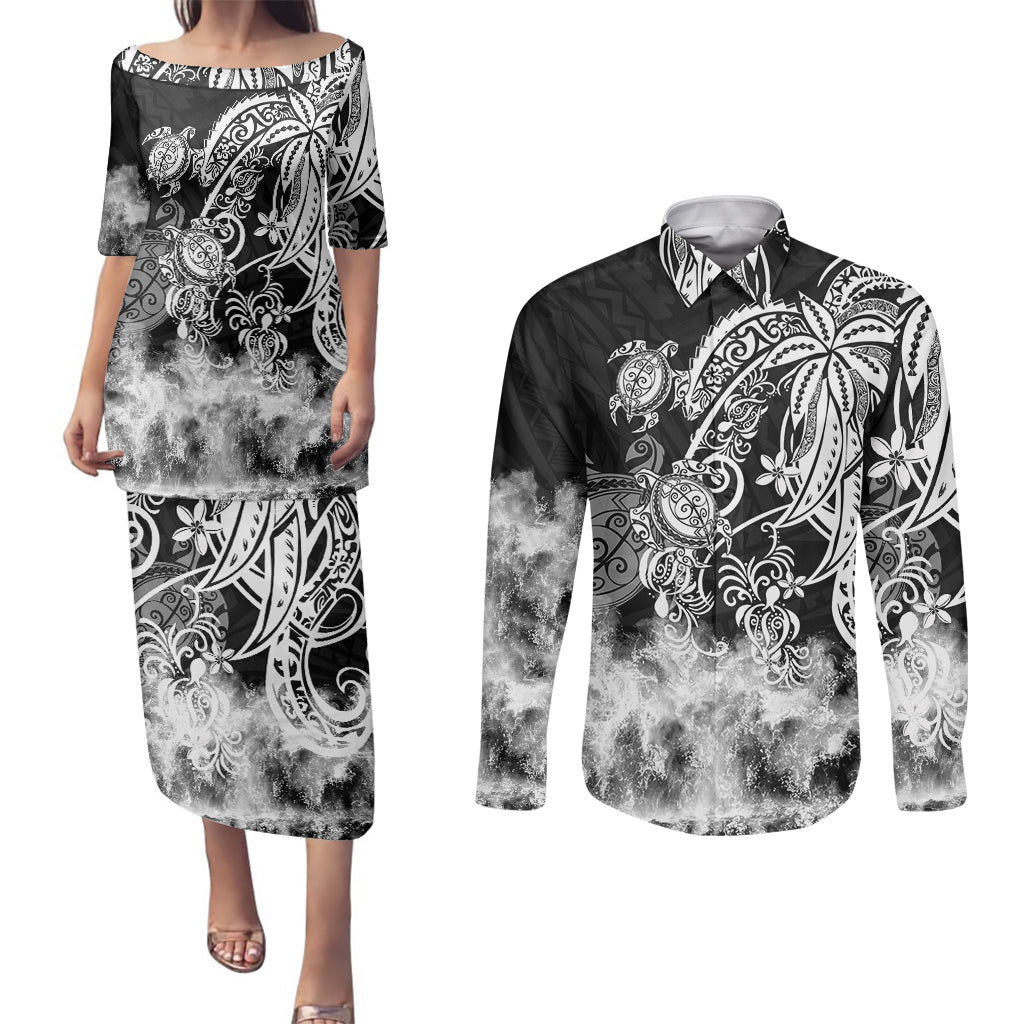 Polynesian Sea Turtle Couples Matching Puletasi Dress and Long Sleeve Button Shirts Tribal Black LT6 Black - Polynesian Pride
