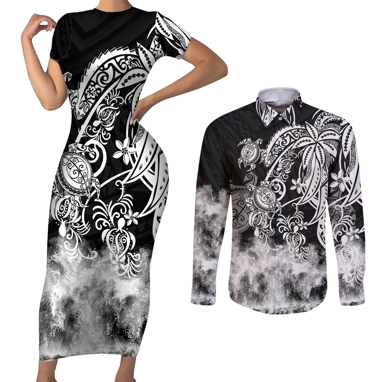 Polynesian Sea Turtle Couples Matching Short Sleeve Bodycon Dress and Long Sleeve Button Shirts Tribal Black LT6 Black - Polynesian Pride