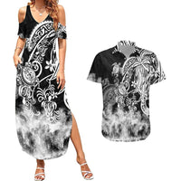 Polynesian Sea Turtle Couples Matching Summer Maxi Dress and Hawaiian Shirt Tribal Black LT6 Black - Polynesian Pride