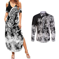 Polynesian Sea Turtle Couples Matching Summer Maxi Dress and Long Sleeve Button Shirts Tribal Black LT6 Black - Polynesian Pride