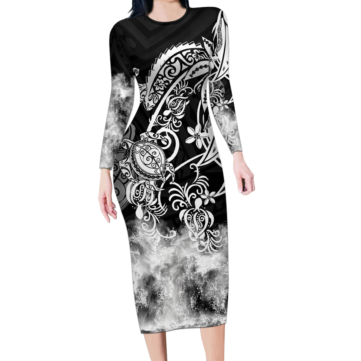 Polynesian Sea Turtle Long Sleeve Bodycon Dress Tribal Black LT6 Long Dress Black - Polynesian Pride