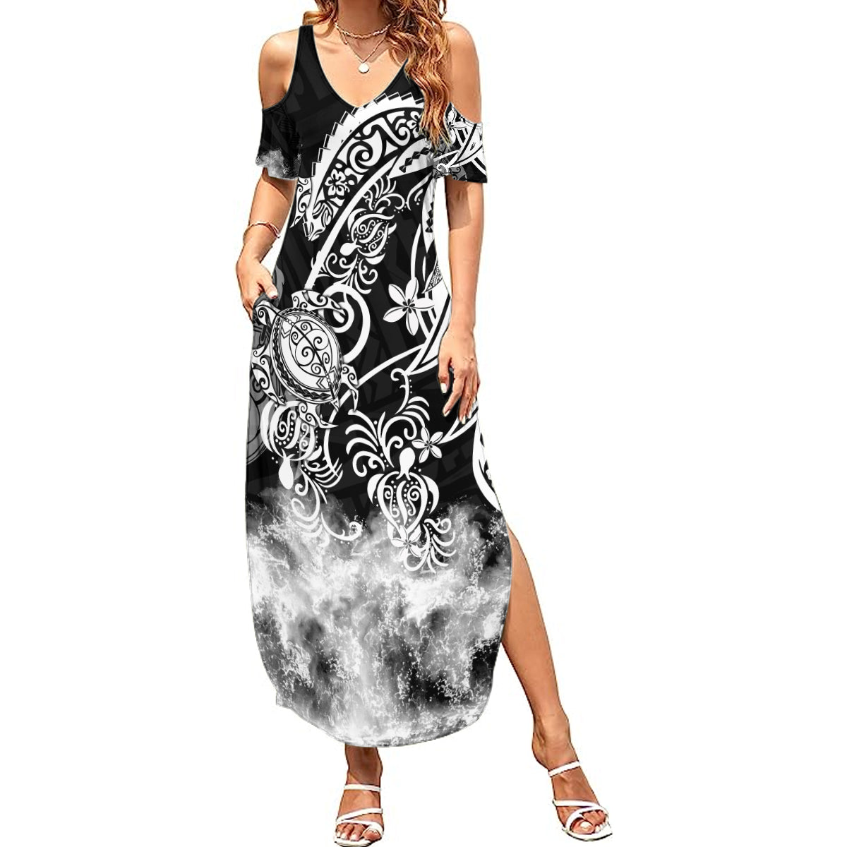 Polynesian Sea Turtle Summer Maxi Dress Tribal Black LT6 Women Black - Polynesian Pride