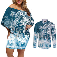 Polynesian Sea Turtle Couples Matching Off Shoulder Short Dress and Long Sleeve Button Shirts Tribal Blue LT6 Blue - Polynesian Pride