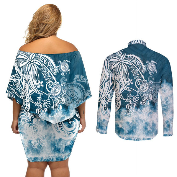 New Zealand Short Sleeve Shirt Sea Turtle With Blooming Hibiscus Flowers Tribal Blue main image 1