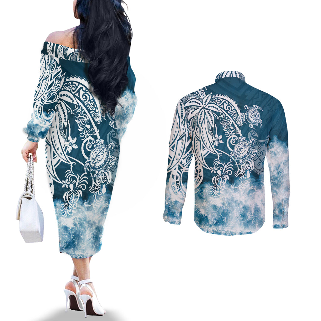 Polynesian Sea Turtle Couples Matching Off The Shoulder Long Sleeve Dress and Long Sleeve Button Shirts Tribal Blue LT6 - Polynesian Pride