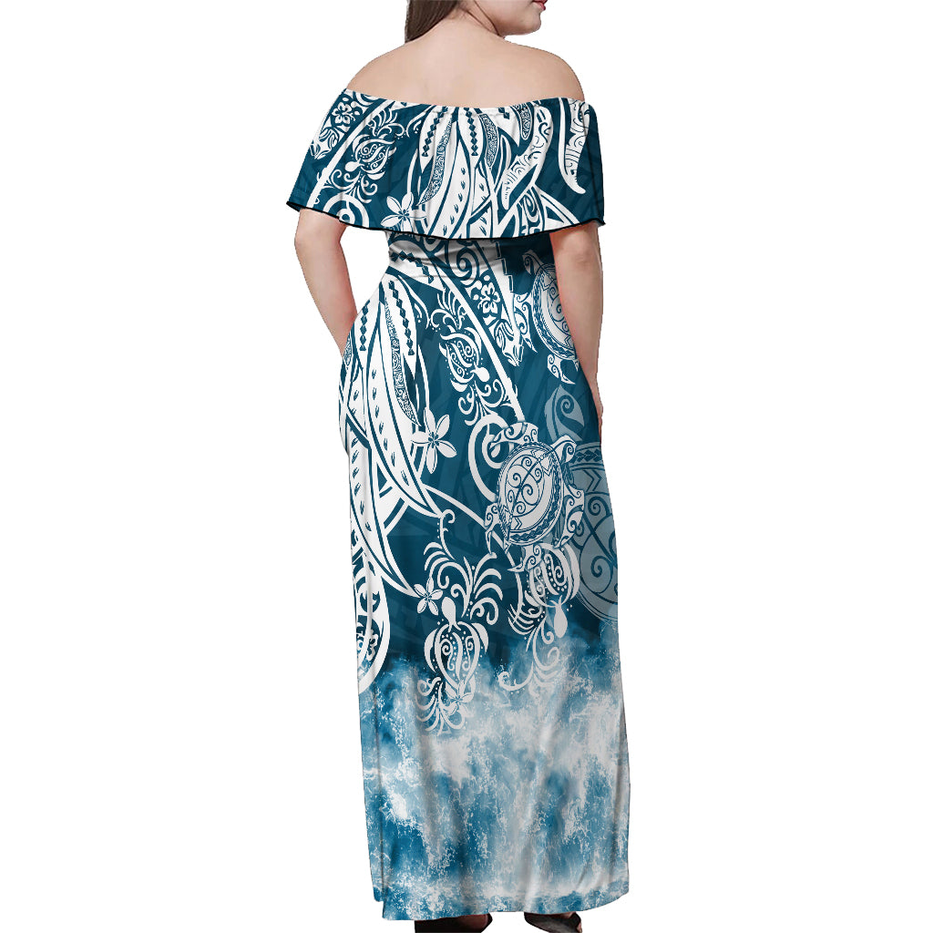Polynesian Sea Turtle Off Shoulder Maxi Dress Tribal Blue LT6 - Polynesian Pride