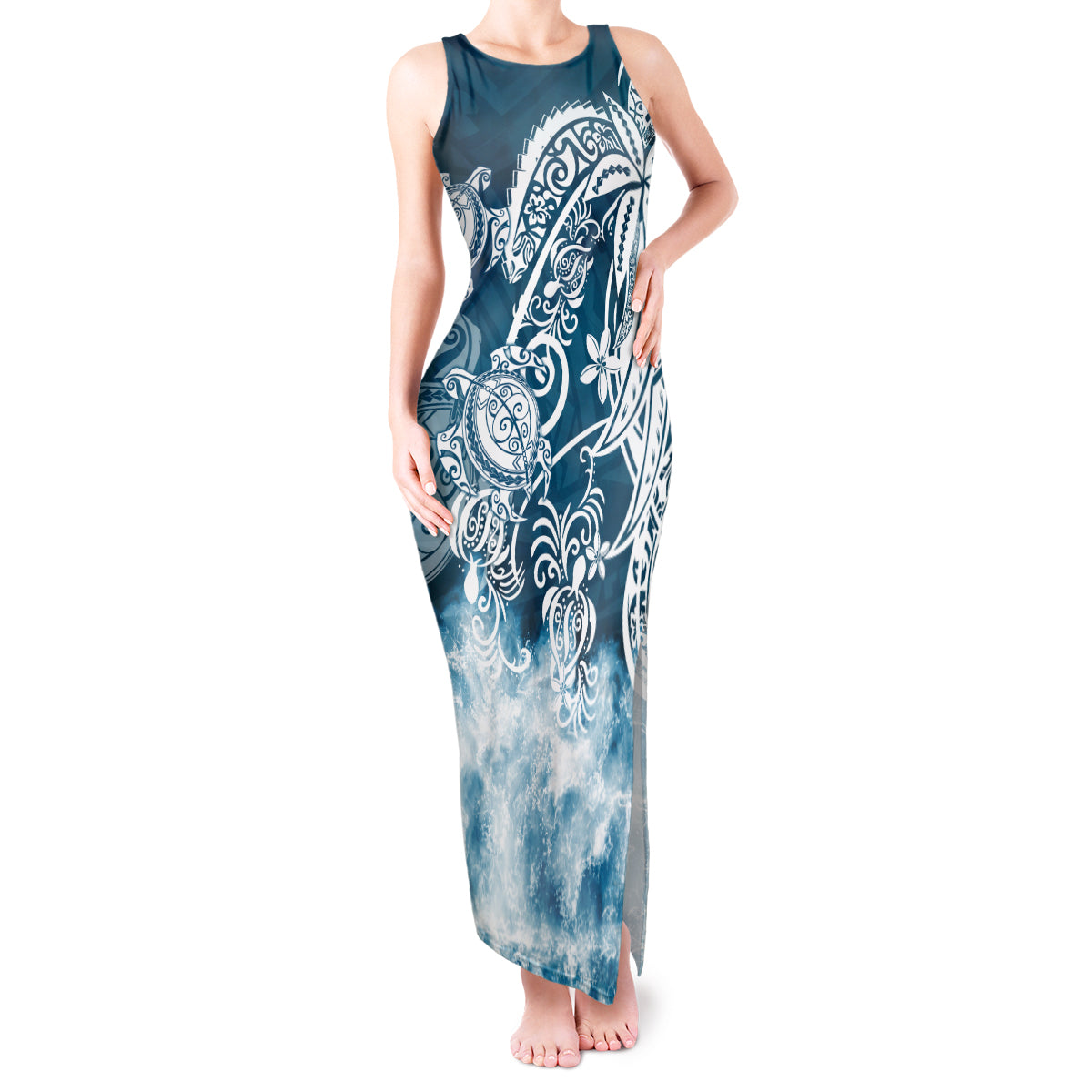 Polynesian Sea Turtle Tank Maxi Dress Tribal Blue LT6 Women Blue - Polynesian Pride