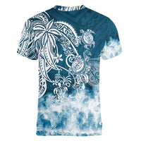 Polynesian Sea Turtle Women V Neck T Shirt Tribal Blue LT6 - Polynesian Pride