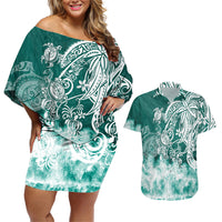 Polynesian Sea Turtle Couples Matching Off Shoulder Short Dress and Hawaiian Shirt Tribal Green LT6 Green - Polynesian Pride