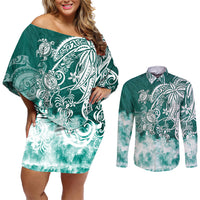Polynesian Sea Turtle Couples Matching Off Shoulder Short Dress and Long Sleeve Button Shirts Tribal Green LT6 Green - Polynesian Pride