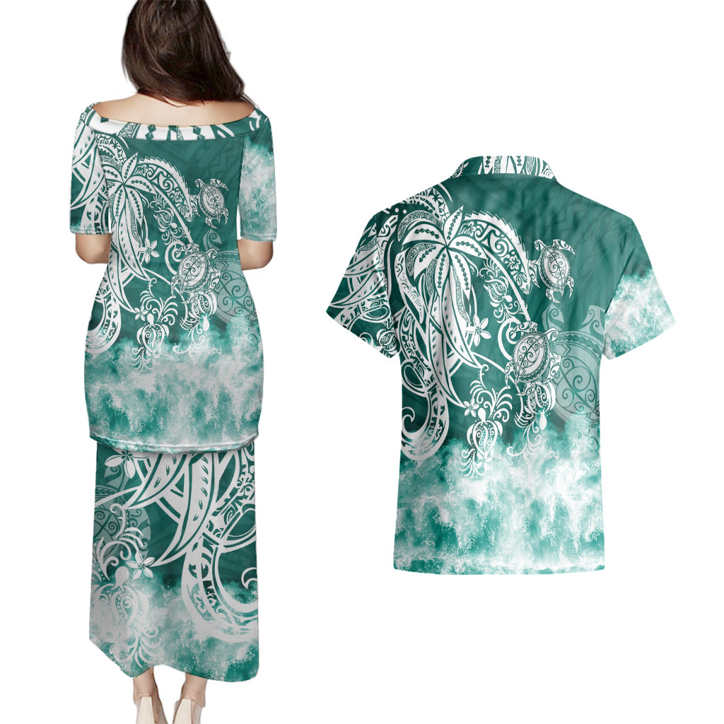 Polynesian Sea Turtle Couples Matching Puletasi Dress and Hawaiian Shirt Tribal Green LT6 - Polynesian Pride