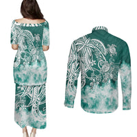 Polynesian Sea Turtle Couples Matching Puletasi Dress and Long Sleeve Button Shirts Tribal Green LT6 - Polynesian Pride