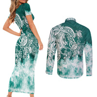 Polynesian Sea Turtle Couples Matching Short Sleeve Bodycon Dress and Long Sleeve Button Shirts Tribal Green LT6 - Polynesian Pride