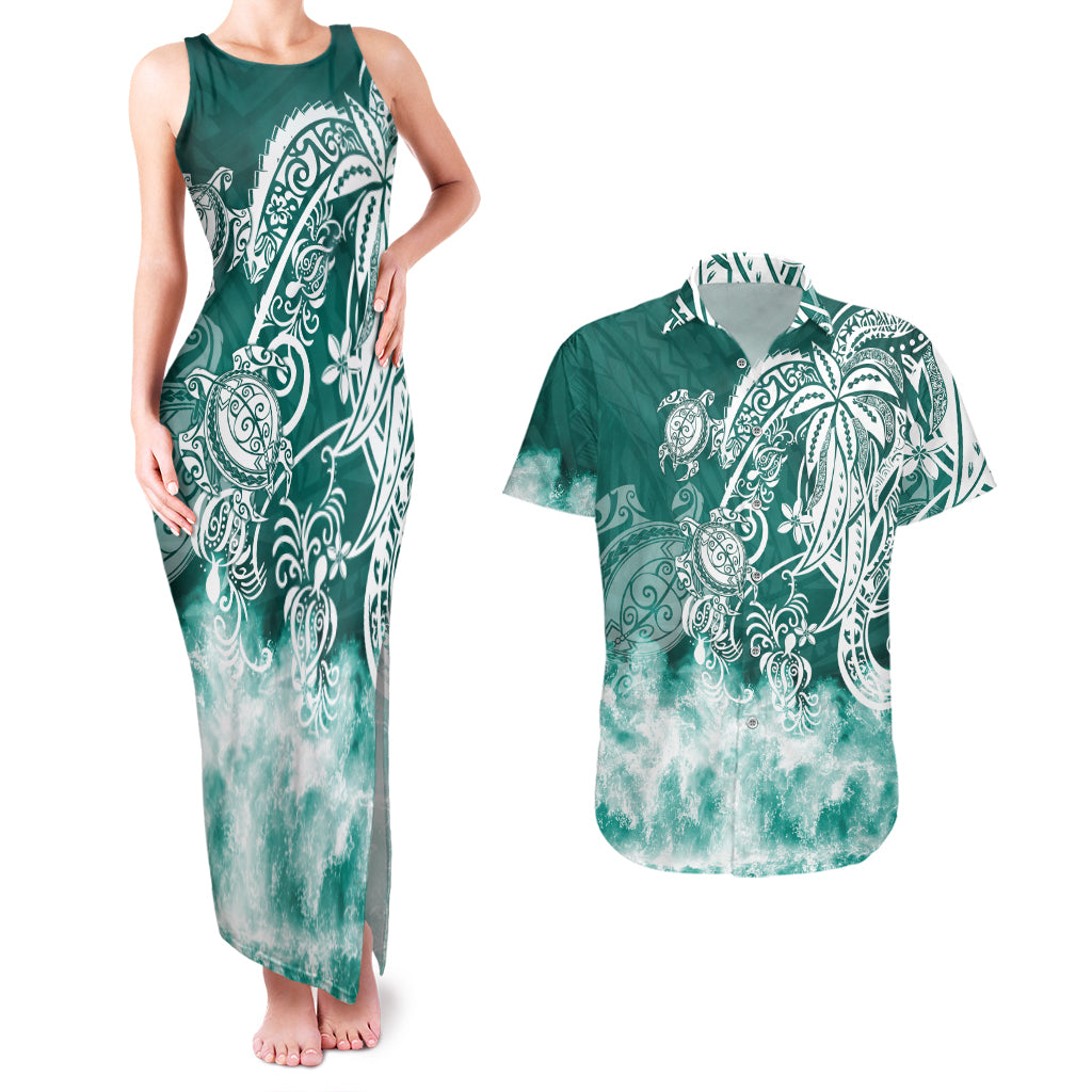Polynesian Sea Turtle Couples Matching Tank Maxi Dress And Hawaiian Shirt Tribal Green LT6 Green - Polynesian Pride