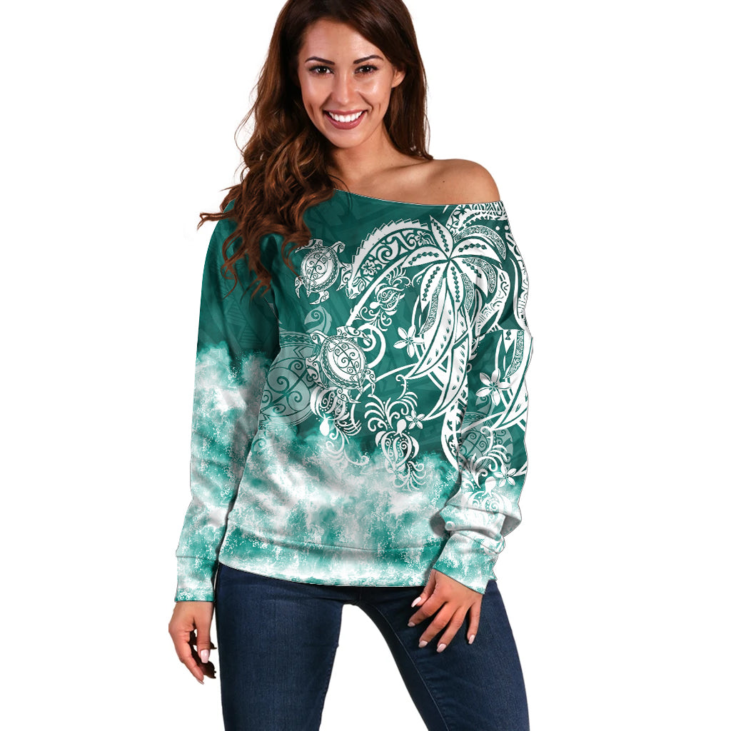 Polynesian Sea Turtle Off Shoulder Sweater Tribal Green LT6 Women Green - Polynesian Pride