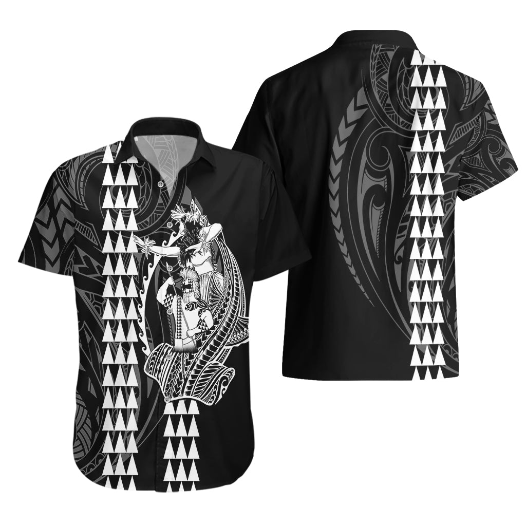 Polynesian Couples Matching Outfits Long Sleeve Dress And Long Sleeve Button Shirt Hawaiian Warrior and Aloha Girl With Hammerhead Shark Tattoos White LT6 - Polynesian Pride
