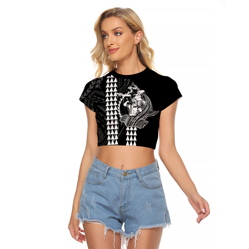 Polynesian Raglan Cropped T Shirt Hawaiian Warrior and Aloha Girl With Hammerhead Shark Tattoos White LT6 Female White - Polynesian Pride