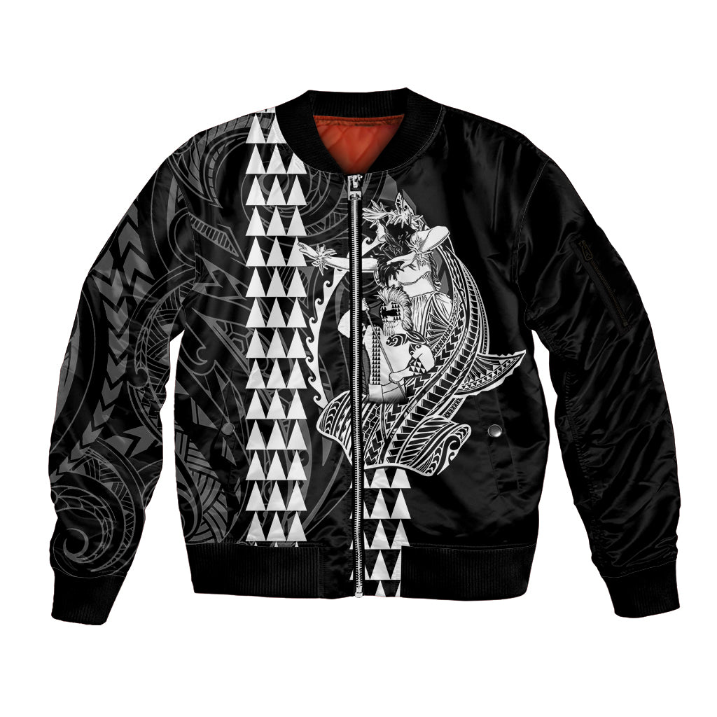 Polynesian Sleeve Zip Bomber Jacket Hawaiian Warrior and Aloha Girl With Hammerhead Shark Tattoos White LT6 Unisex White - Polynesian Pride