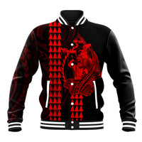 Polynesian Baseball Jacket Hawaiian Warrior and Aloha Girl With Hammerhead Shark Tattoos Red LT6 Unisex Red - Polynesian Pride