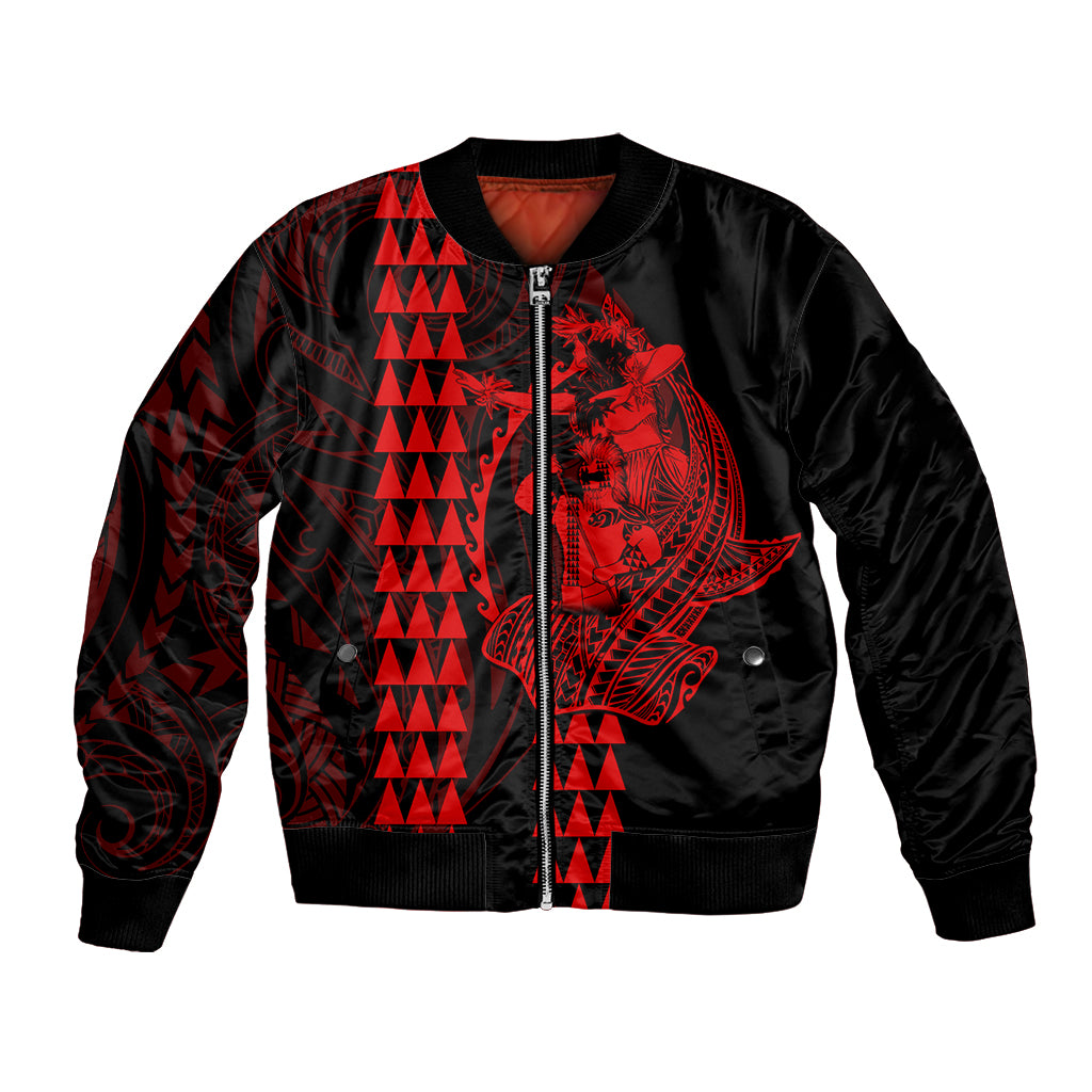 Polynesian Bomber Jacket Hawaiian Warrior and Aloha Girl With Hammerhead Shark Tattoos Red LT6 Unisex Red - Polynesian Pride