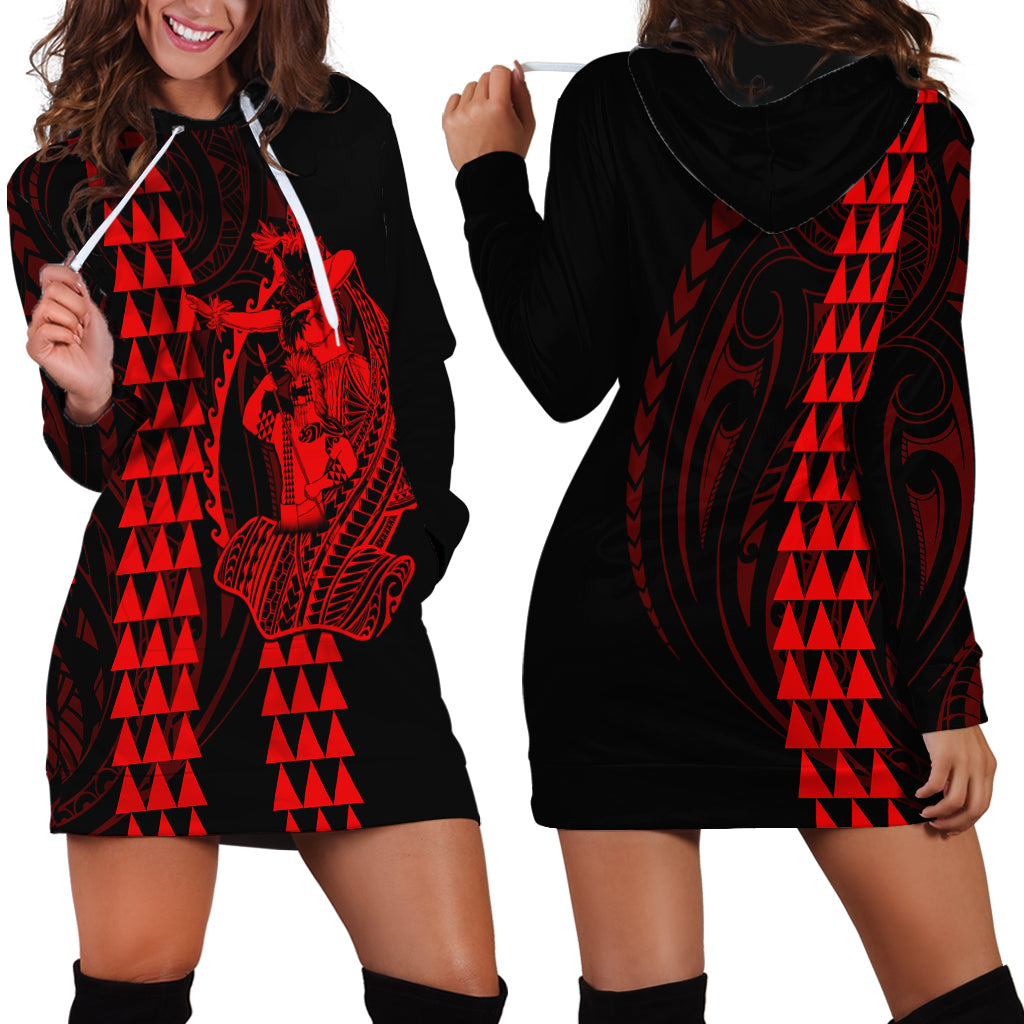 Polynesian Hoodie Dress Hawaiian Warrior and Aloha Girl With Hammerhead Shark Tattoos Red LT6 - Polynesian Pride