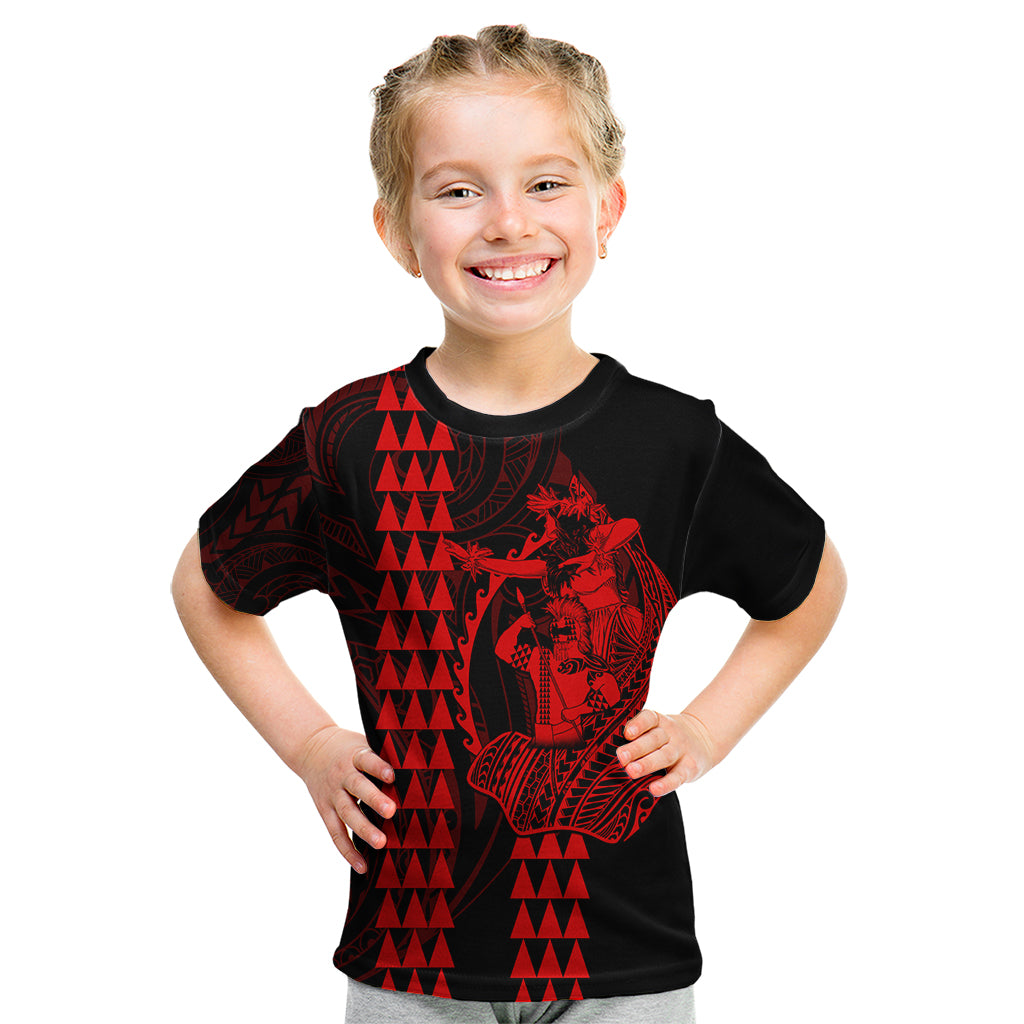 Polynesian Kid T Shirt Hawaiian Warrior and Aloha Girl With Hammerhead Shark Tattoos Red LT6 Red - Polynesian Pride