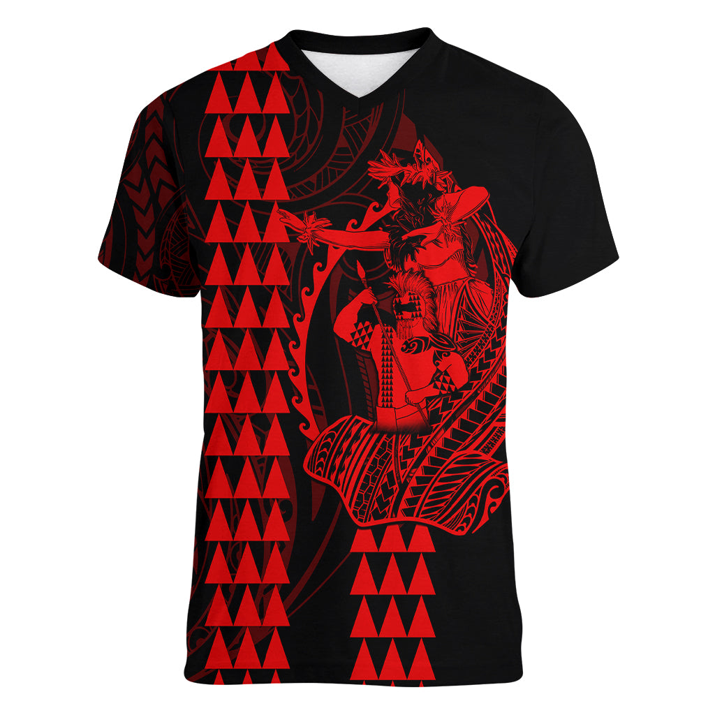 Polynesian Women V Neck T Shirt Hawaiian Warrior and Aloha Girl With Hammerhead Shark Tattoos Red LT6 Female Red - Polynesian Pride