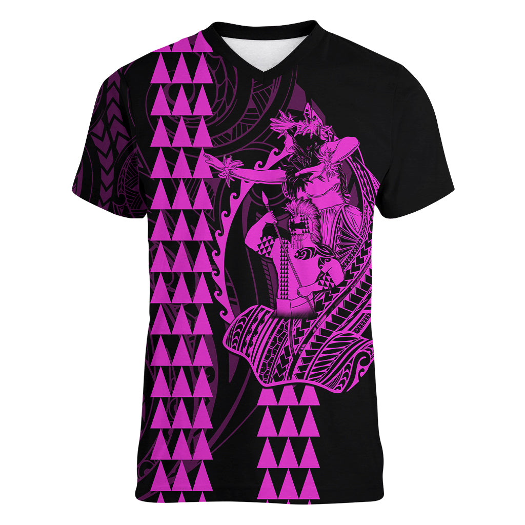 Polynesian Women V Neck T Shirt Hawaiian Warrior and Aloha Girl With Hammerhead Shark Tattoos Purple LT6 Female Purple - Polynesian Pride
