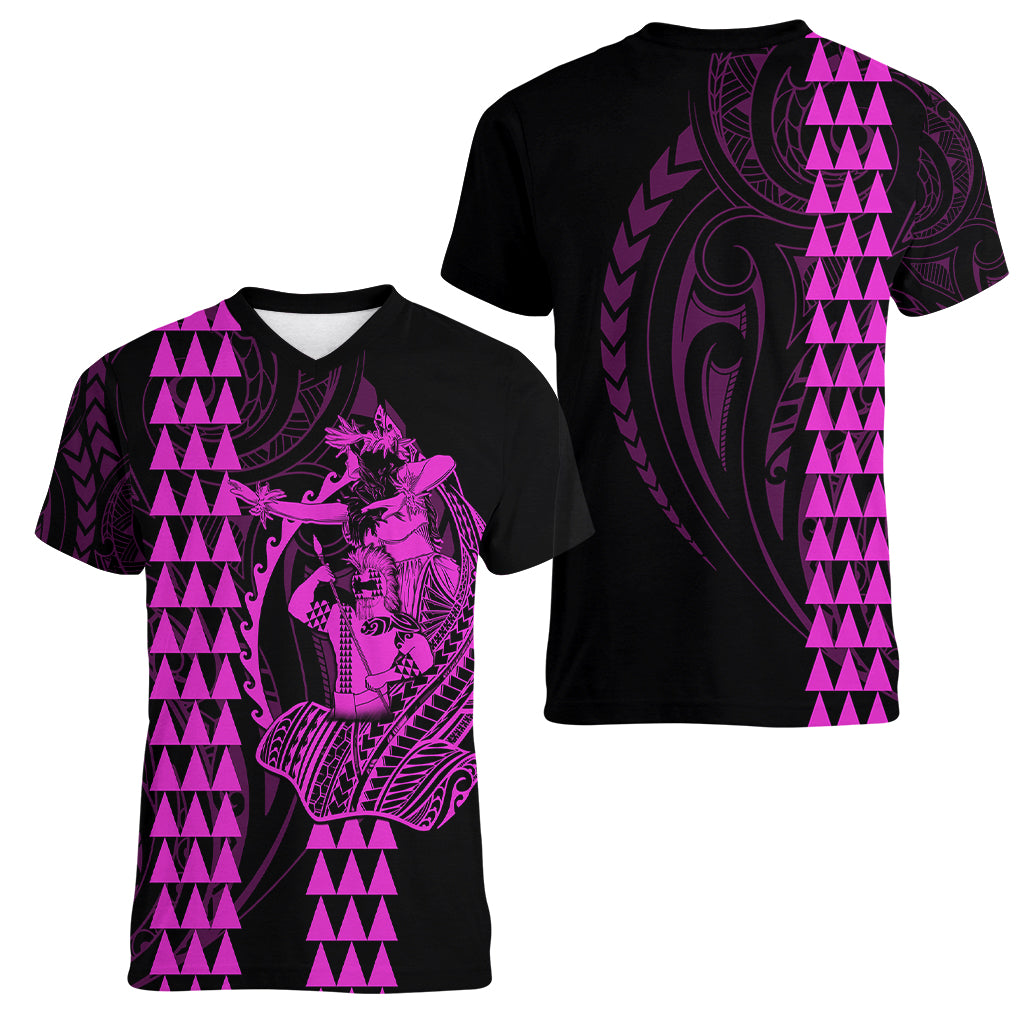 Polynesian Women V Neck T Shirt Hawaiian Warrior and Aloha Girl With Hammerhead Shark Tattoos Purple LT6 - Polynesian Pride