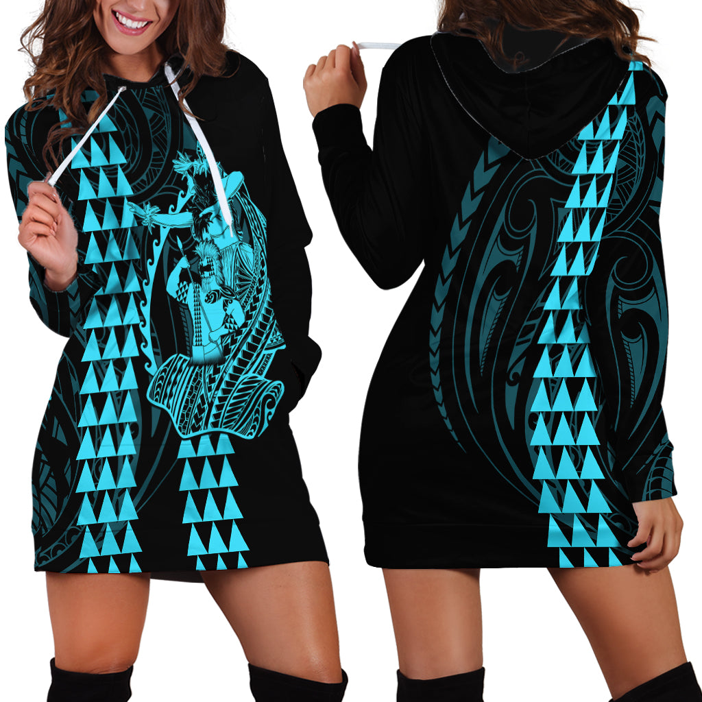 Polynesian Hoodie Dress Hawaiian Warrior and Aloha Girl With Hammerhead Shark Tattoos Light Blue LT6 - Polynesian Pride