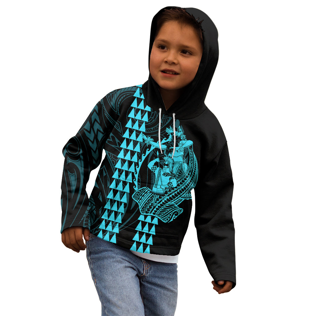 Polynesian Kid Hoodie Hawaiian Warrior and Aloha Girl With Hammerhead Shark Tattoos Light Blue LT6 - Polynesian Pride