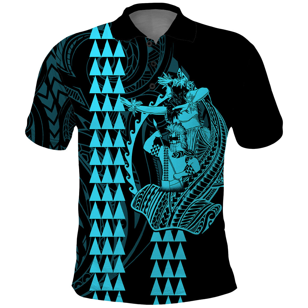 Polynesian Polo Shirt Hawaiian Warrior and Aloha Girl With Hammerhead Shark Tattoos Light Blue LT6 Blue - Polynesian Pride