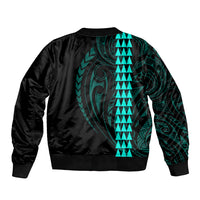 Polynesian Bomber Jacket Hawaiian Warrior and Aloha Girl With Hammerhead Shark Tattoos Turquoise LT6 - Polynesian Pride