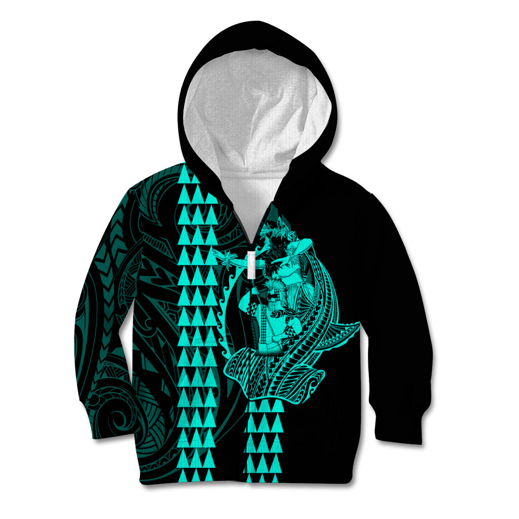 Polynesian Kid Hoodie Hawaiian Warrior and Aloha Girl With Hammerhead Shark Tattoos Turquoise LT6 Zip Hoodie Green - Polynesian Pride