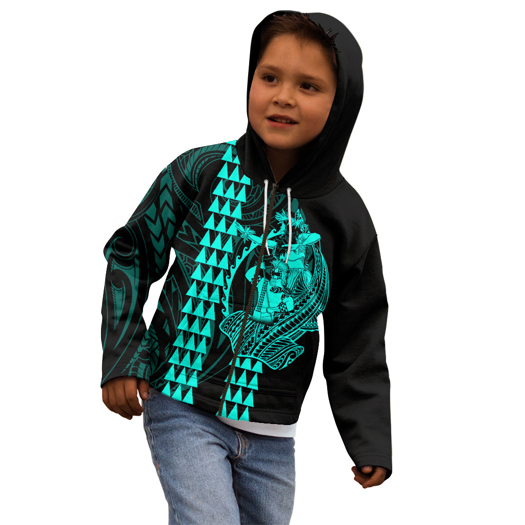 Polynesian Kid Hoodie Hawaiian Warrior and Aloha Girl With Hammerhead Shark Tattoos Turquoise LT6 - Polynesian Pride