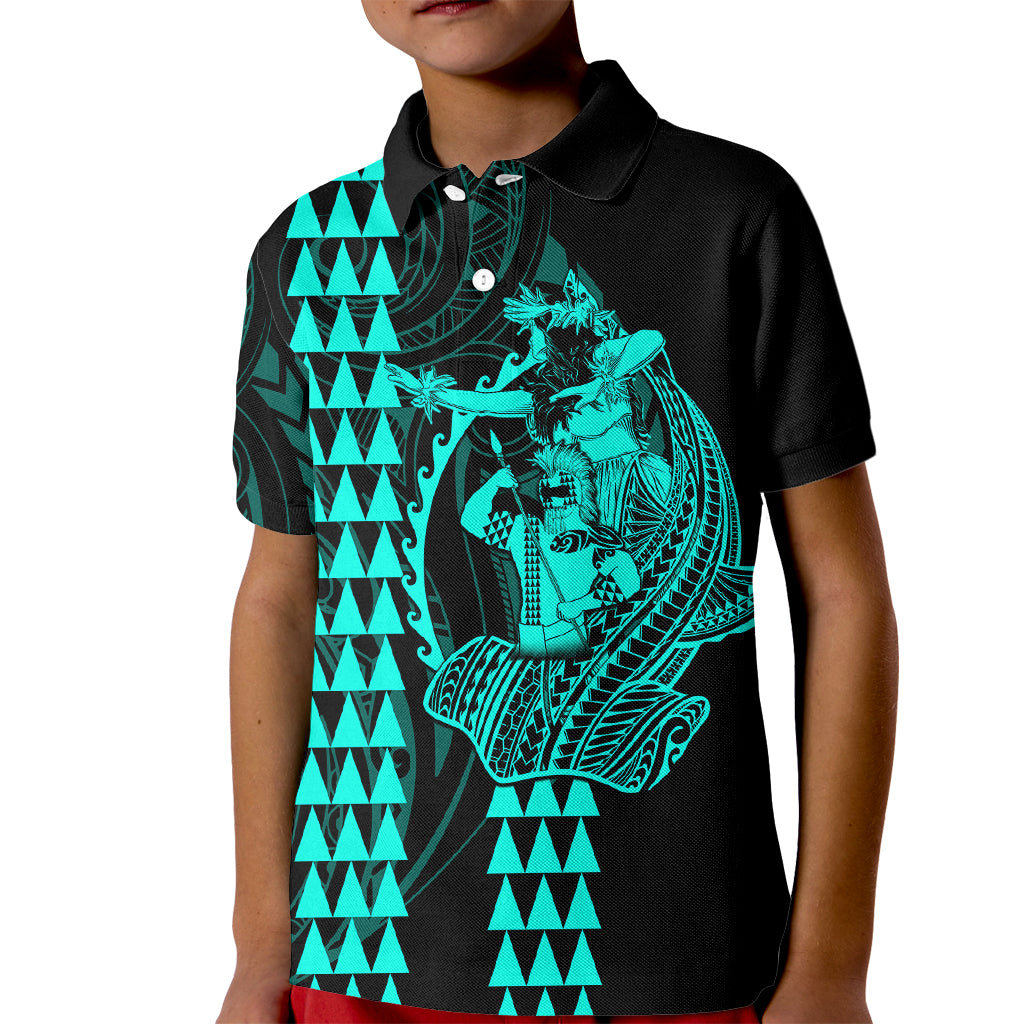 Polynesian Kid Polo Shirt Hawaiian Warrior and Aloha Girl With Hammerhead Shark Tattoos Turquoise LT6 Kid Green - Polynesian Pride