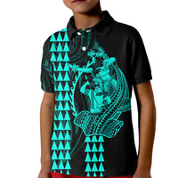 Polynesian Kid Polo Shirt Hawaiian Warrior and Aloha Girl With Hammerhead Shark Tattoos Turquoise LT6 Kid Green - Polynesian Pride
