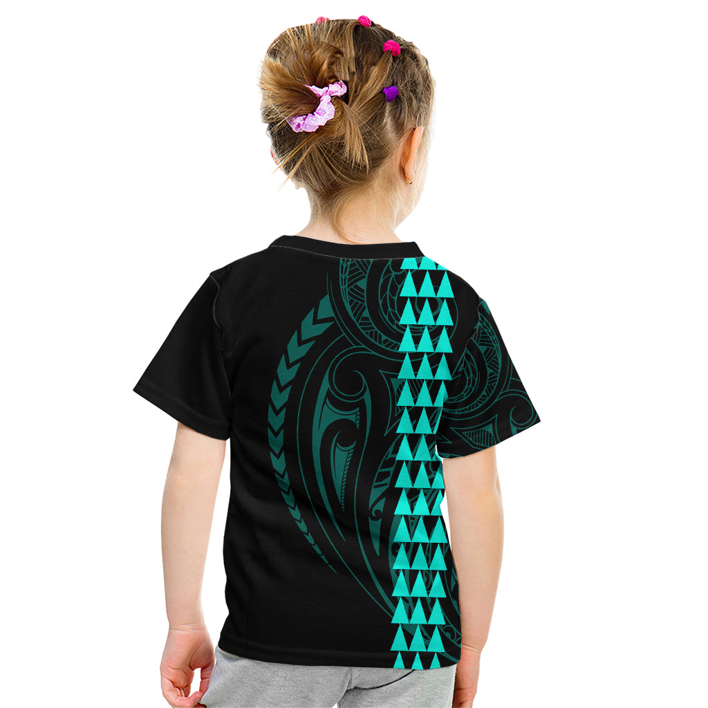 Polynesian Kid T Shirt Hawaiian Warrior and Aloha Girl With Hammerhead Shark Tattoos Turquoise LT6 - Polynesian Pride