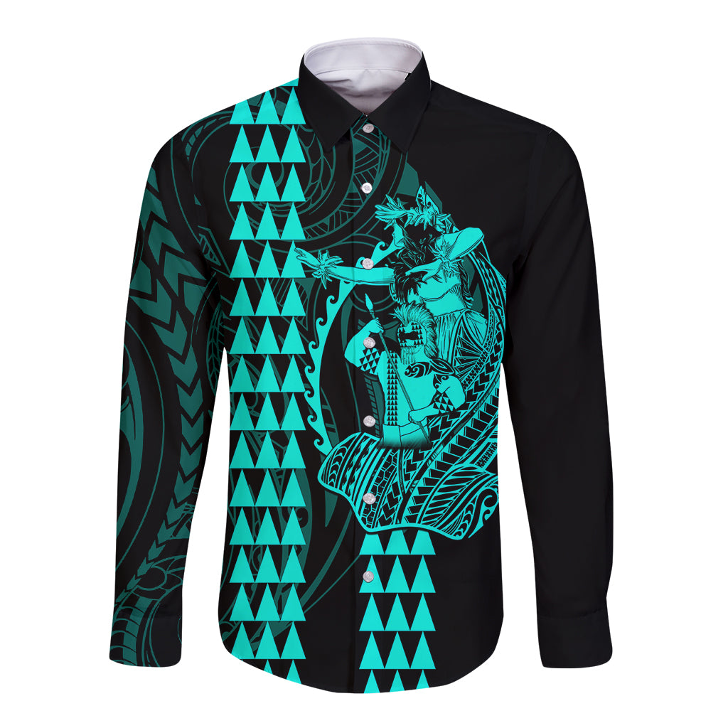 Polynesian Long Sleeve Button Shirt Hawaiian Warrior and Aloha Girl With Hammerhead Shark Tattoos Turquoise LT6 Unisex Green - Polynesian Pride