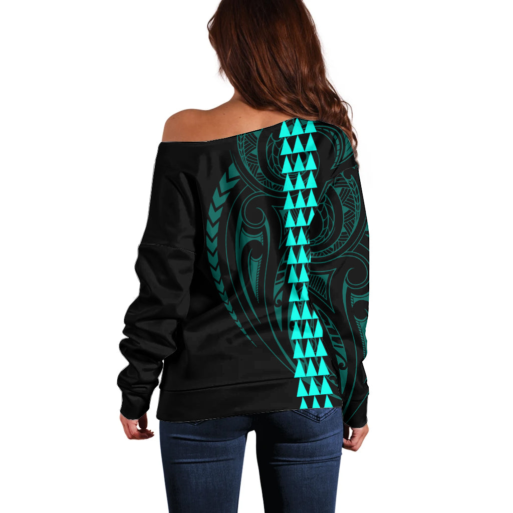 Polynesian Off Shoulder Sweater Hawaiian Warrior and Aloha Girl With Hammerhead Shark Tattoos Turquoise LT6 - Polynesian Pride