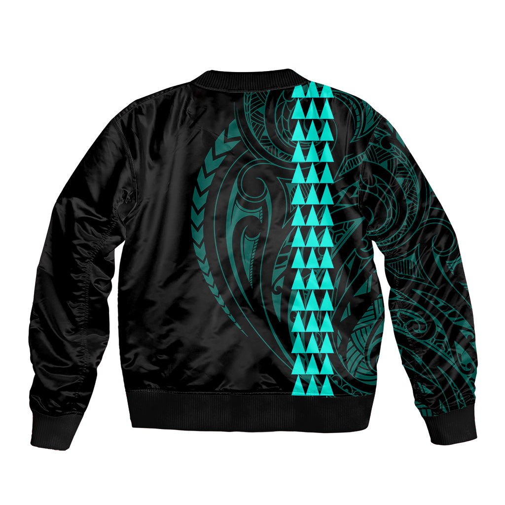 Polynesian Sleeve Zip Bomber Jacket Hawaiian Warrior and Aloha Girl With Hammerhead Shark Tattoos Turquoise LT6 - Polynesian Pride