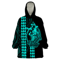 Polynesian Wearable Blanket Hoodie Hawaiian Warrior and Aloha Girl With Hammerhead Shark Tattoos Turquoise LT6 One Size Green - Polynesian Pride