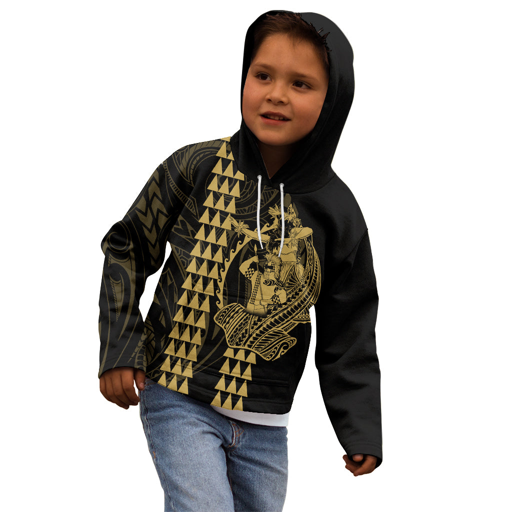 Polynesian Kid Hoodie Hawaiian Warrior and Aloha Girl With Hammerhead Shark Tattoos Gold LT6 - Polynesian Pride