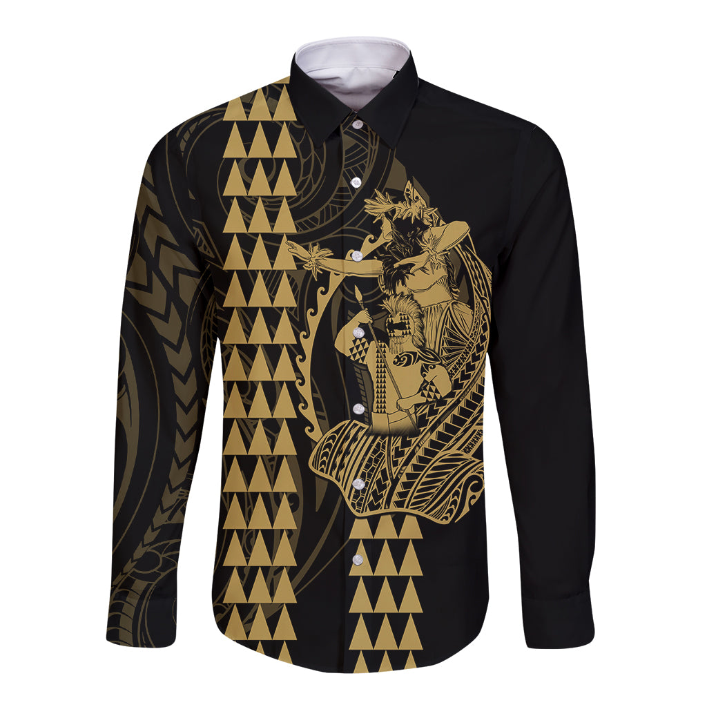 Polynesian Long Sleeve Button Shirt Hawaiian Warrior and Aloha Girl With Hammerhead Shark Tattoos Gold LT6 Unisex Gold - Polynesian Pride