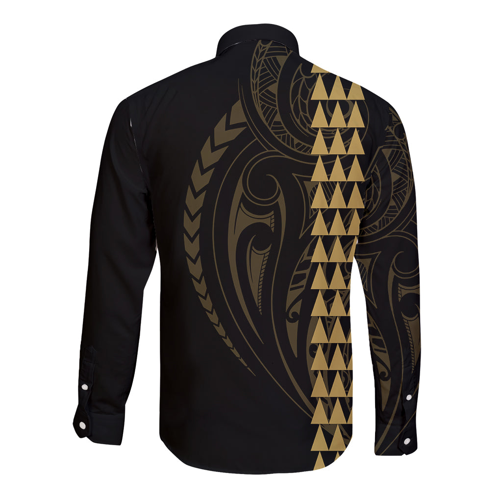 Polynesian Long Sleeve Button Shirt Hawaiian Warrior and Aloha Girl With Hammerhead Shark Tattoos Gold LT6 - Polynesian Pride