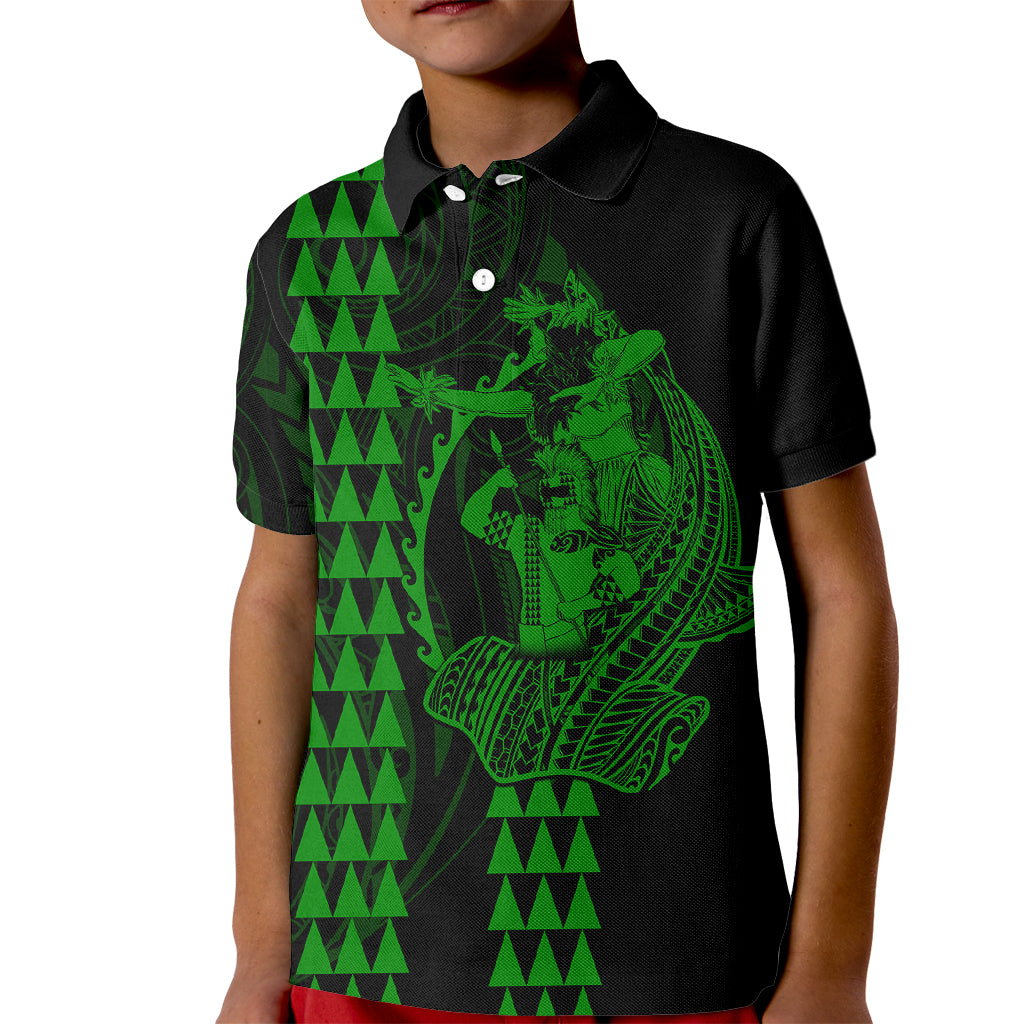 Polynesian Kid Polo Shirt Hawaiian Warrior and Aloha Girl With Hammerhead Shark Tattoos Green LT6 Kid Green - Polynesian Pride