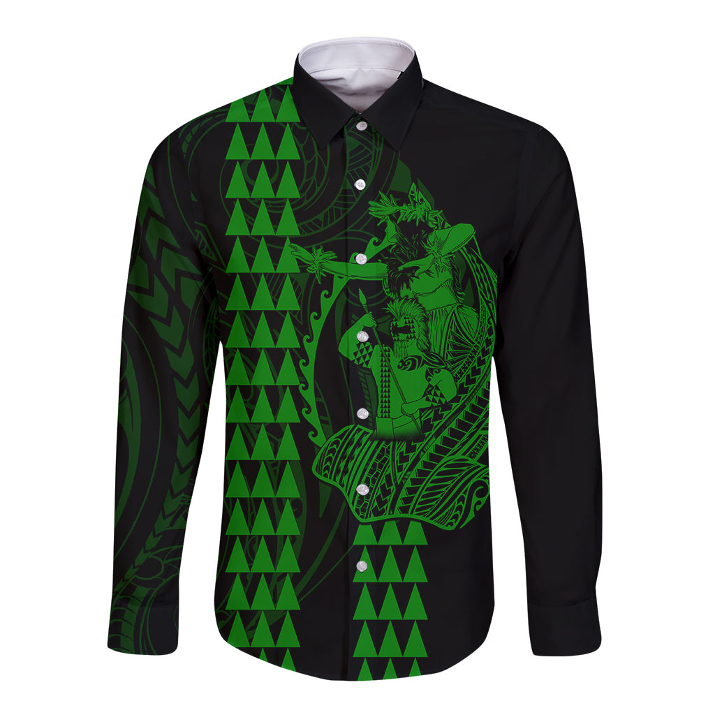 Polynesian Long Sleeve Button Shirt Hawaiian Warrior and Aloha Girl With Hammerhead Shark Tattoos Green LT6 Unisex Green - Polynesian Pride