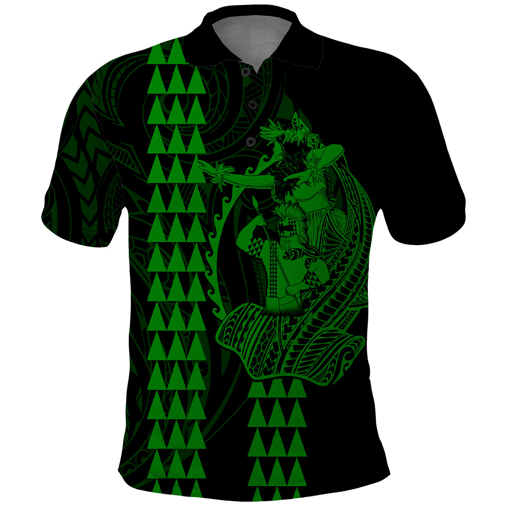 Polynesian Polo Shirt Hawaiian Warrior and Aloha Girl With Hammerhead Shark Tattoos Green LT6 Green - Polynesian Pride