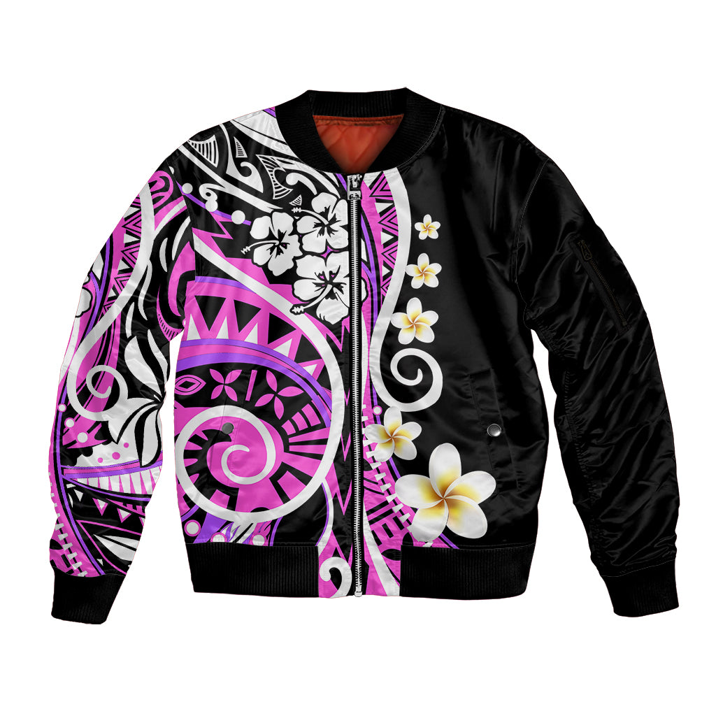 Plumeria Polynesian Sleeve Zip Bomber Jacket Trending Pink LT6 Unisex Pink - Polynesian Pride
