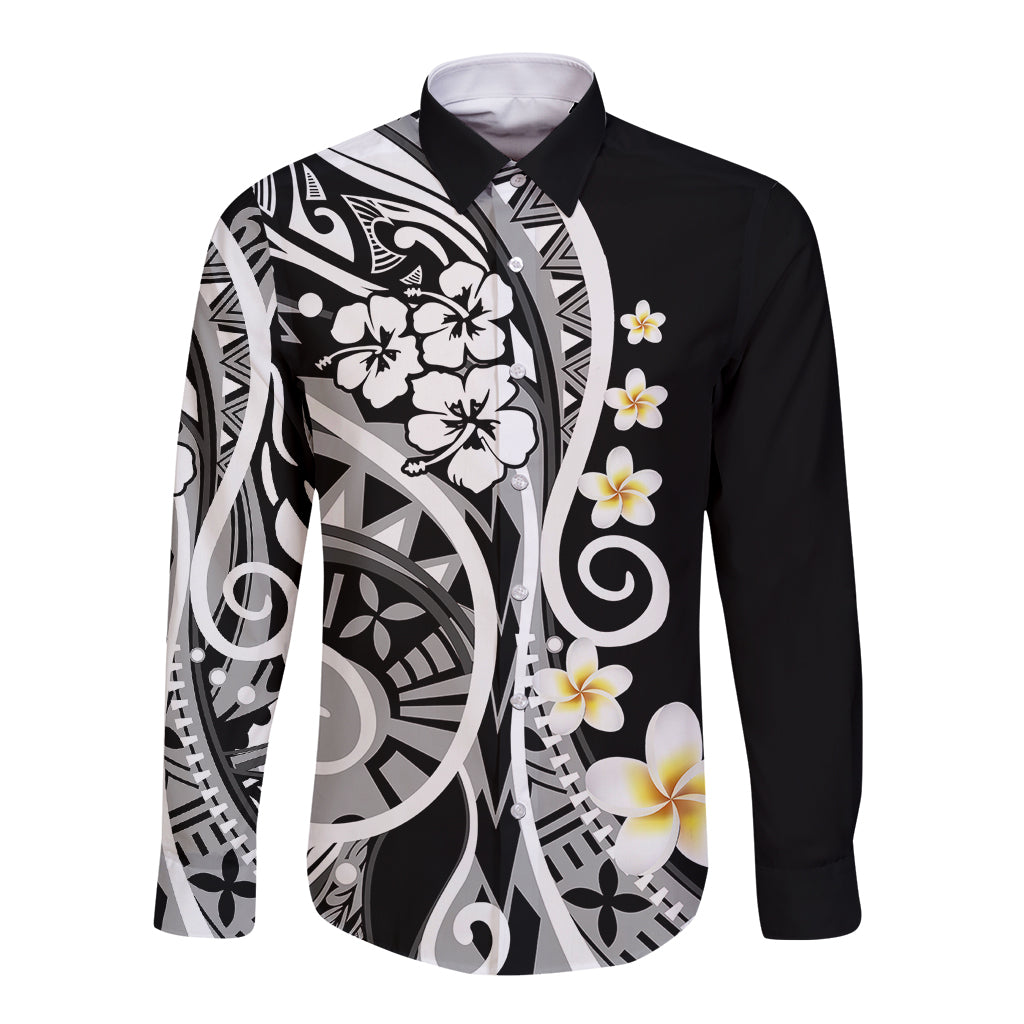 plumeria-polynesian-long-sleeve-button-shirt-trending-black